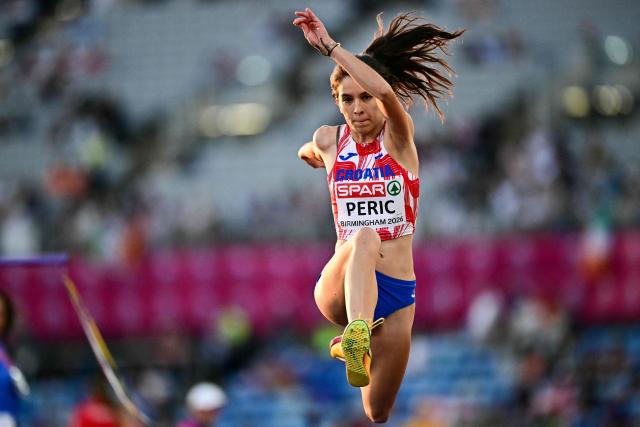 Croatia's Magdalena Peric competes in the women's triple jump qualifier during the European Athletics Championships at Alexander Stadium in Birmingham on August 10, 2026. (Photo by Ben STANSALL / AFP)