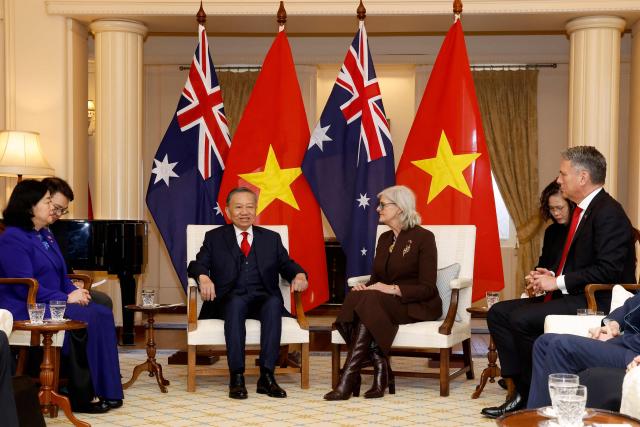 Australia's Governor-General Sam Mostyn (R) meets Vietnamese General Secretary and President To Lam at Government House in Canberra on August 11, 2026. (Photo by hilary wardhaugh / AFP)