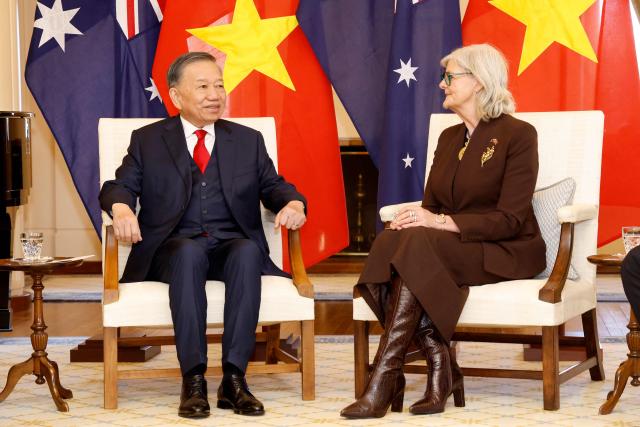 Australia's Governor-General Sam Mostyn (R) meets Vietnamese General Secretary and President To Lam at Government House in Canberra on August 11, 2026. (Photo by hilary wardhaugh / AFP)