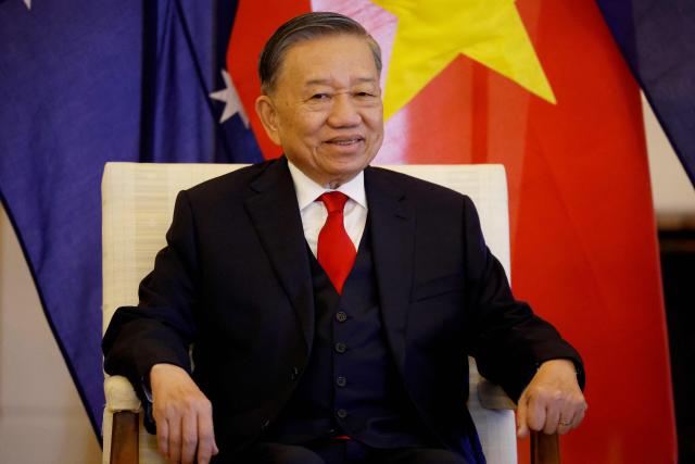 Vietnamese General Secretary and President To Lam looks on during a meeting with Australia's Governor-General Sam Mostyn (not pictured) at Government House in Canberra on August 11, 2026. (Photo by HILARY WARDHAUGH / AFP)
