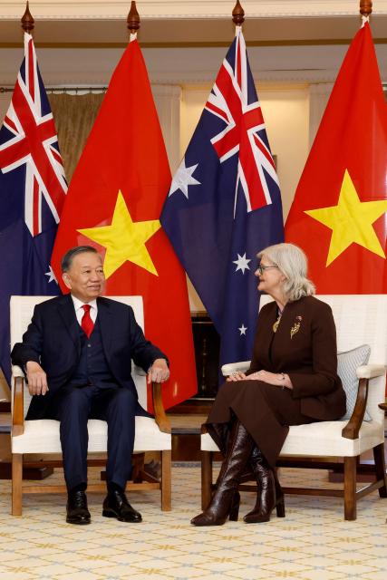Australia's Governor-General Sam Mostyn (R) meets Vietnamese General Secretary and President To Lam at Government House in Canberra on August 11, 2026. (Photo by hilary wardhaugh / AFP)