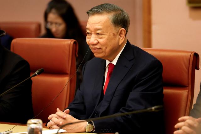 Vietnamese General Secretary and President To Lam with this delegation hold talks with Australian Prime Minister Anthony Albanese (not pictured) at the Parliament House in Canberra on August 11, 2026. (Photo by HILARY WARDHAUGH / AFP)