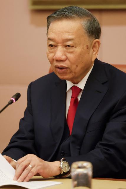 Vietnamese General Secretary and President To Lam with his delegation holds talks with Australian Prime Minister Anthony Albanese (not pictured) at Parliament House in Canberra on August 11, 2026. (Photo by HILARY WARDHAUGH / AFP)