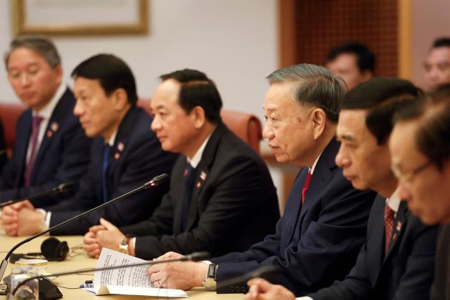 Vietnamese General Secretary and President To Lam (3rd R) with his delegation holds talks with Australian Prime Minister Anthony Albanese (not pictured) at Parliament House in Canberra on August 11, 2026. (Photo by HILARY WARDHAUGH / AFP)