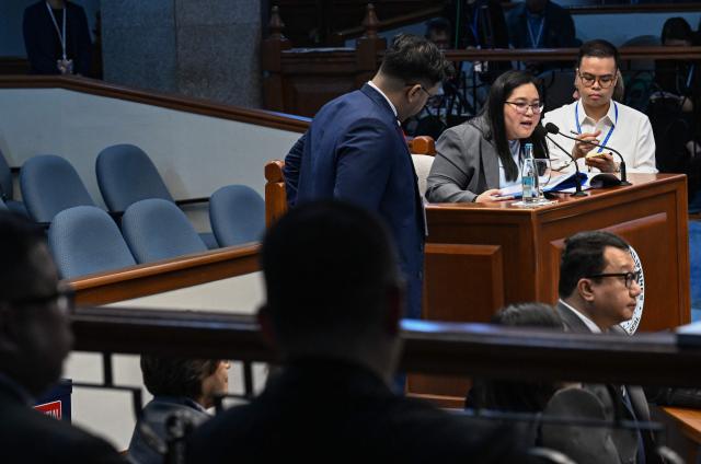 State auditor Xylene Del Campo (2nd R) testifies during the impeachment trial of Philippine Vice President Sara Duterte at the Philippine Senate in Pasay City, Metro Manila on August 11, 2026. (Photo by Jam STA ROSA / POOL / AFP)