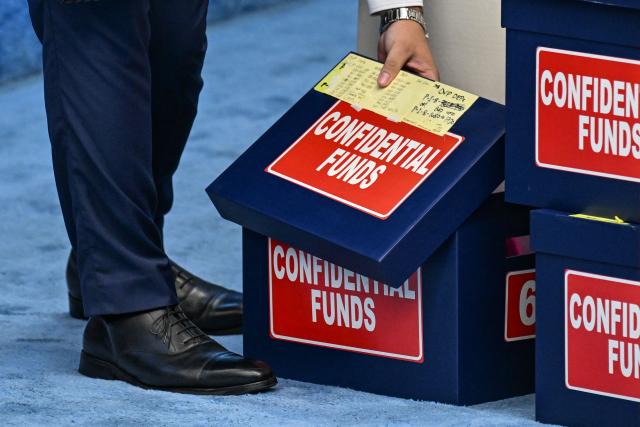 Boxes labelled "confidential funds" containing documents that were presented during the impeachment trial of Philippine Vice President Sara Duterte are pictured at the Philippine Senate in Pasay City, Metro Manila on August 11, 2026. (Photo by Jam STA ROSA / POOL / AFP)
