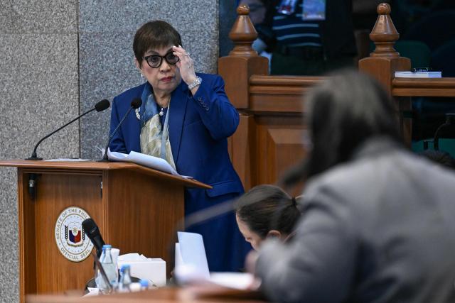 Prosecution counsel Lorna Kapunan questions a witness during the impeachment trial of Philippine Vice President Sara Duterte at the Philippine Senate in Pasay City, Metro Manila on August 11, 2026. (Photo by Jam STA ROSA / POOL / AFP)