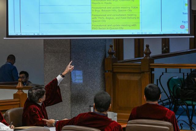 Philippine Senators look at a screen showing an evidentiary document during the impeachment trial of Philippine Vice President Sara Duterte at the Philippine Senate in Pasay City, Metro Manila on August 11, 2026. (Photo by Jam STA ROSA / POOL / AFP)