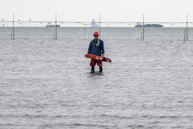 A lifeguard looks on at Nishi Nagisa Beach as cargo ships pass by in Tokyo Bay in Tokyo on August 11, 2026. (Photo by ANDREW CABALLERO-REYNOLDS / AFP)