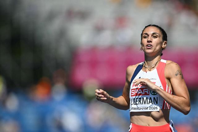 France's Clara Liberman crosses the finish line to arrive second and break her Personal Best Record as she competes in the women's 800m heat 3 during the European Athletics Championships at Alexander Stadium in Birmingham on August 11, 2026. (Photo by Paul ELLIS / AFP)