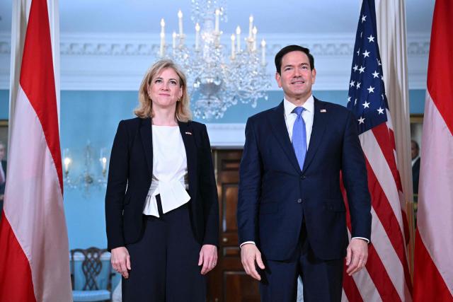 US Secretary of State Marco Rubio (R) and Austrian Foreign Minister Beate Meinl-Reisinger appear briefly before the press as they meet at the State Department in Washington, DC, on August 11, 2026. (Photo by Mandel NGAN / AFP)