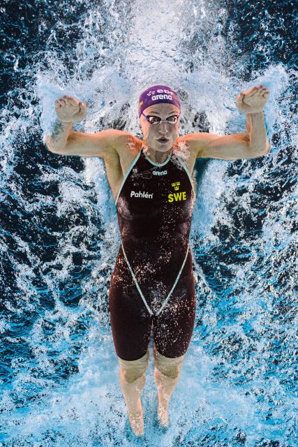 Sweden's swimmer Sarah Sjostrom competes during a semi-final of the women's 50m butterfly swimming event during the LEN European Aquatics Championships at the Olympic Aquatic Centre in Saint-Denis, northern suburbs of Paris, on August 11, 2026. (Photo by Sébastien BOZON / AFP)
