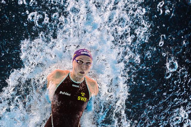Sweden's swimmer Sarah Sjostrom competes during a semi-final of the women's 50m butterfly swimming event during the LEN European Aquatics Championships at the Olympic Aquatic Centre in Saint-Denis, northern suburbs of Paris, on August 11, 2026. (Photo by Sébastien BOZON / AFP)