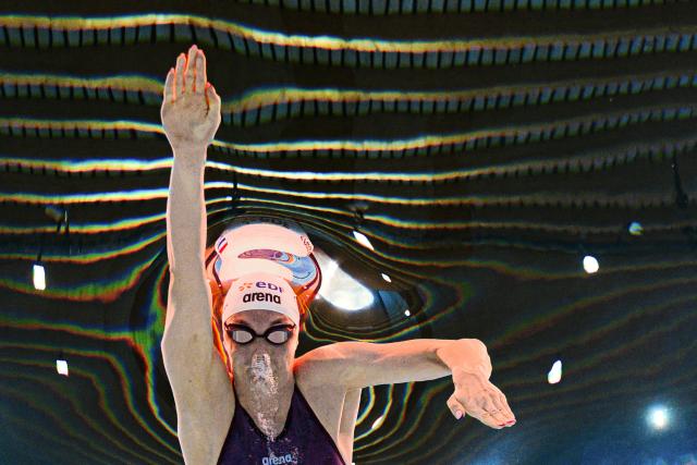 Netherlands' swimmer Marrit Steenbergen competes during the final of the women's 100m freestyle swimming event during the LEN European Aquatics Championships at the Olympic Aquatic Centre in Saint-Denis, northern suburbs of Paris, on August 11, 2026. (Photo by Sébastien BOZON / AFP)