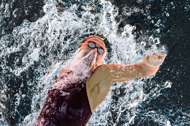 Italy's swimmer Simona Quadarella competes during the final of the women's 800m freestyle swimming event during the LEN European Aquatics Championships at the Olympic Aquatic Centre in Saint-Denis, northern suburbs of Paris, on August 11, 2026. (Photo by Sébastien BOZON / AFP)