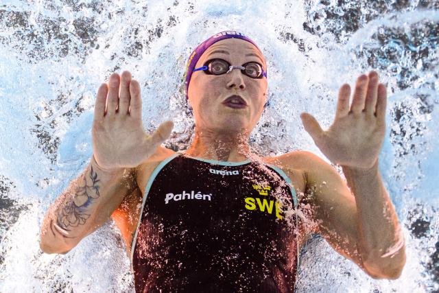 Sweden's swimmer Sarah Sjostrom competes during a semi-final of the women's 50m butterfly swimming event during the LEN European Aquatics Championships at the Olympic Aquatic Centre in Saint-Denis, northern suburbs of Paris, on August 11, 2026. (Photo by Sébastien BOZON / AFP)