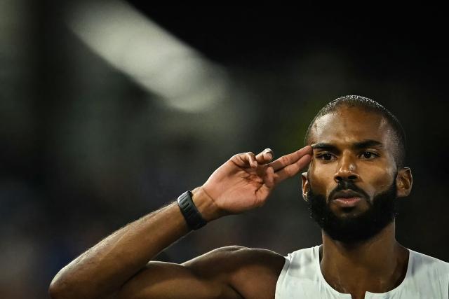 France's Muhammad Abdallah Kounta celebrates as he arrives first and breaks his Personal Best Record in the men's 400m semi-final 3 during the European Athletics Championships at Alexander Stadium in Birmingham on August 11, 2026. (Photo by Paul ELLIS / AFP)