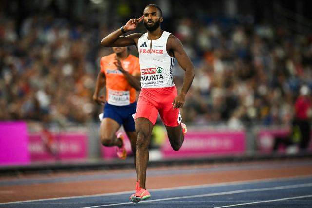 France's Muhammad Abdallah Kounta celebrates as he arrives first and breaks his Personal Best Record in the men's 400m semi-final 3 during the European Athletics Championships at Alexander Stadium in Birmingham on August 11, 2026. (Photo by Paul ELLIS / AFP)
