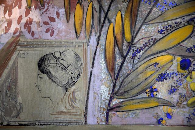 This photograph shows a detail of a three-painting set titled "Day" by artist Odilon Redon, in the library at the Cistercian Fontfroide Abbey, near Narbonne, on August 11, 2026. This work is joining other pieces from the Gustave Fayet collection for an upcoming exhibition at the Fondation Louis Vuitton. (Photo by Valentine CHAPUIS / AFP)