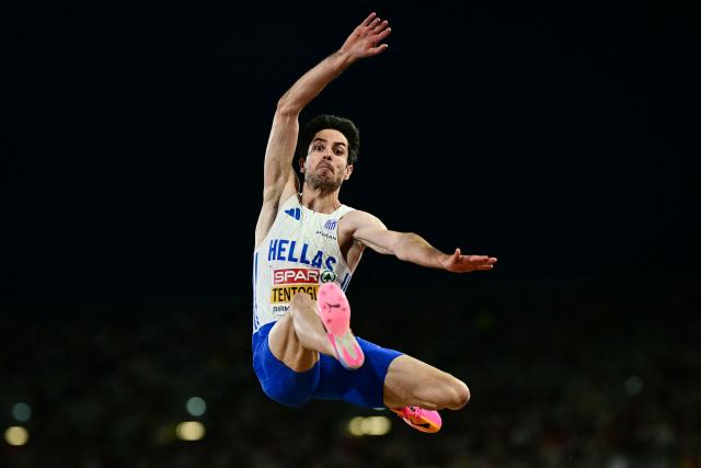 Greece's Miltiadis Tentoglou competes in the men's long jump final during the European Athletics Championships at Alexander Stadium in Birmingham on August 11, 2026. (Photo by Ben STANSALL / AFP)