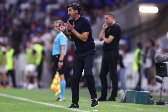 Lyon's Portuguese head coach Paulo Fonseca (C) gestures from the techincal area during the UEFA Champions League third qualifying round - second leg football match between Olympique Lyonnais (OL) and Sparta Prague at Groupama Stadium in Decines-Charpieu, central-eastern France on August 11, 2026. (Photo by Alex MARTIN / AFP)