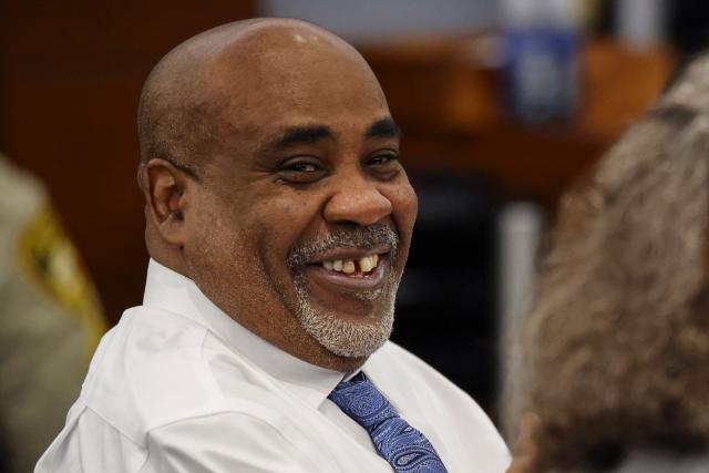 Duane Davis reacts during the second day of jury selection in his murder trial related to the 1996 killing of rapper Tupac Shakur at Clark County District Courts Regional Justice Center in Las Vegas, Nevada, on August 11, 2026. The trial of a former gang leader accused of orchestrating the murder of rapper Tupac Shakur finally began on August 10, 30 years after one of America's most high-profile unresolved killings. The proceedings, expected to last a month, will likely not make clear who fired the shots that killed the California hip-hop legend on the night of September 7, 1996, while he was in Las Vegas to see a Mike Tyson boxing match. (Photo by Daniel Cole / POOL / AFP)