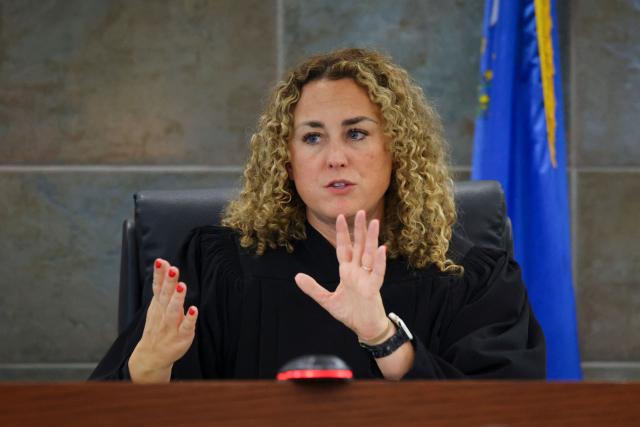 District Court Judge Carli Kierny speaks during the second day of jury selection in his murder trial related to the 1996 killing of rapper Tupac Shakur at Clark County District Courts Regional Justice Center in Las Vegas, Nevada, on August 11, 2026. The trial of a former gang leader accused of orchestrating the murder of rapper Tupac Shakur finally began on August 10, 30 years after one of America's most high-profile unresolved killings. The proceedings, expected to last a month, will likely not make clear who fired the shots that killed the California hip-hop legend on the night of September 7, 1996, while he was in Las Vegas to see a Mike Tyson boxing match. (Photo by Daniel Cole / POOL / AFP)