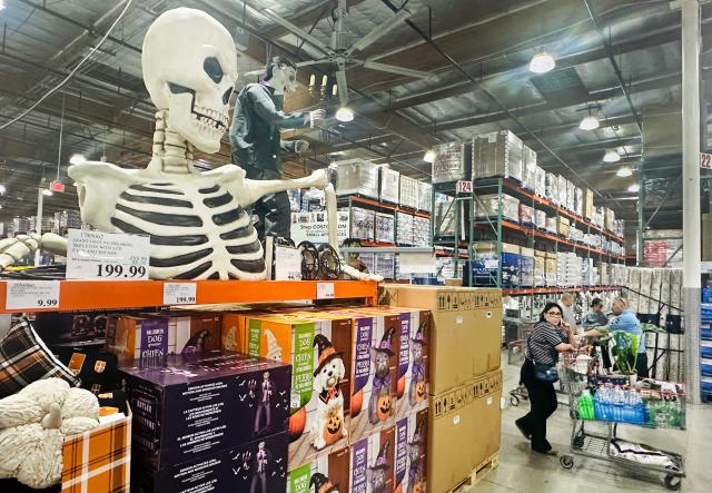 Halloween items are seen on sale as people shop at a wholesale retailer in Alhambra, California on August 11, 2026. Stock markets mostly rose on August 10 as investors pared their bets on an interest rate hike by the Federal Reserve that curtail growth, awaiting inflation data this week for more clues to the outlook for the world's biggest economy. (Photo by Frederic J. BROWN / AFP)
