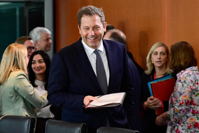 German Finance Minister and Vice Chancellor Lars Klingbeil arrives ahead a weekly meeting of the German cabinet at the chancellery in Berlin on August 12, 2026. (Photo by John MACDOUGALL / AFP)