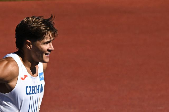 First-placed Czech Republic's Vilem Strasky reacts after competing in the men's decathlon 100m heat 2 during the European Athletics Championships at Alexander Stadium in Birmingham on August 12, 2026. (Photo by Paul ELLIS / AFP)