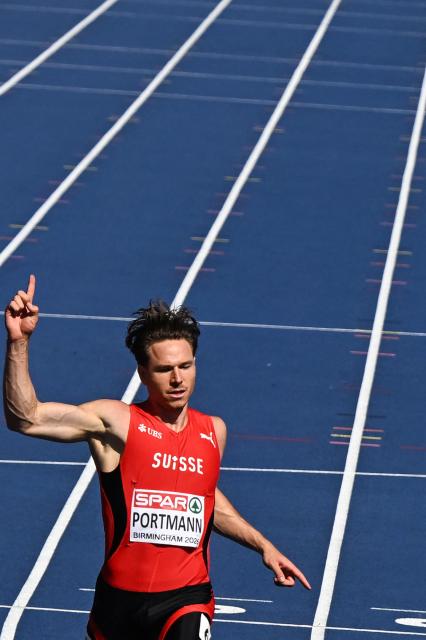 Switzerland's Nino Portmann reacts as he crosses the finish line to arrive first in the men's decathlon 100m heat 3 during the European Athletics Championships at Alexander Stadium in Birmingham on August 12, 2026. (Photo by Paul ELLIS / AFP)
