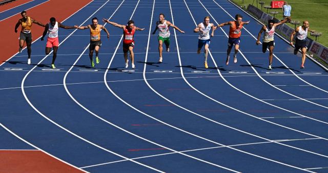 (From L) Germany's Leo Neugebauer, France's Makenson Gletty, Germany's Amadeus Graber, Switzerland's Nino Portmann, Hungary's Zsombor Galpal, Czech Republic's Tomas Jarvinen, Netherlands' Jeff Tesselaar, Belgium's Dai Keita, Italy's Dario Dester compete in the men's decathlon 100m heat 3 during the European Athletics Championships at Alexander Stadium in Birmingham on August 12, 2026. (Photo by Paul ELLIS / AFP)
