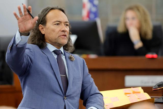Michael Sanft, attorney for Duane Davis, questions a prospective juror during the third day of jury selection in Davis's murder trial, related to the 1996 killing of rapper Tupac Shakur, at Clark County District Court Regional Justice Center in Las Vegas, Nevada, on August 12, 2026. The trial of the former gang leader accused of orchestrating the murder of rapper Tupac Shakur finally began on August 10, 30 years after one of America's most high-profile unresolved killings. The proceedings, expected to last a month, will likely not make clear who fired the shots that killed the California hip-hop legend on the night of September 7, 1996, while he was in Las Vegas to see a Mike Tyson boxing match. (Photo by Steve Marcus / POOL / AFP)