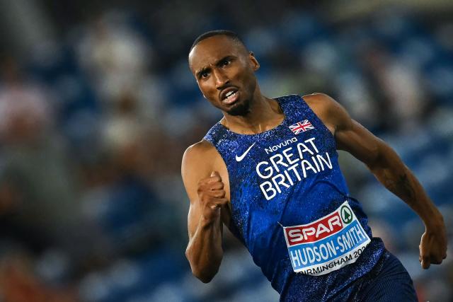 Britain's Matthew Hudson-Smith celebrates as he crosses the finish line to win the men's 400m final during the European Athletics Championships at Alexander Stadium in Birmingham on August 12, 2026. (Photo by Paul ELLIS / AFP)