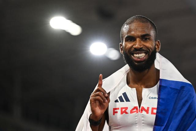 Silver medallist France's Muhammad Abdallah Kounta celebrates after competing in the men's 400m final during the European Athletics Championships at Alexander Stadium in Birmingham on August 12, 2026. (Photo by Paul ELLIS / AFP)