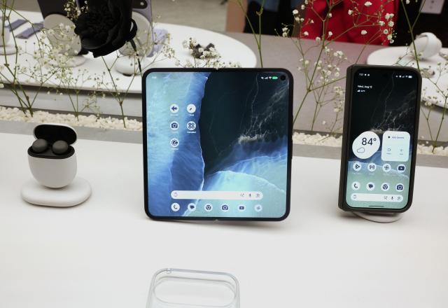 The Google Pixel 11 Pro Fold smartphone is displayed during the "Made by Google" product launch event in New York City on August 12, 2026. (Photo by TIMOTHY A. CLARY / AFP)