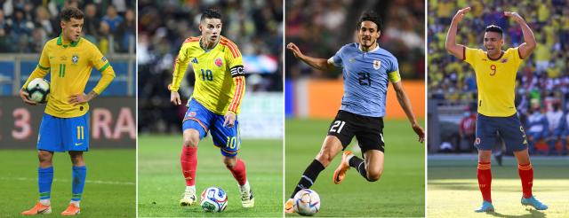 (FILES)(COMBO) Combination of file pictures created on August 12, 2026, shows Brazil's Philippe Coutinho at the Gremio Arena in Porto Alegre, Brazil, on June 27, 2019; Colombia's midfielder #10 James Rodriguez at Citifield stadium in the Queens borough of New York City on November 18, 2025; Uruguay's forward Edinson Cavani at State Farm Stadium in Glendale, Arizona on June 2, 2022; and Colombia's Radamel Falcao at the Metropolitan Stadium in Barranquilla, Colombia, on January 28, 2021. Strikers, captains, and icons of a generation of South American stars who defined an era in Europe look for a club to, perhaps, a last dance in football. (Photo by AFP)
