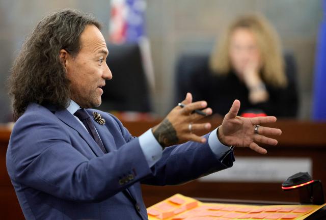 Michael Sanft, attorney for Duane Davis, questions a prospective juror during the third day of jury selection in Davis's murder trial, related to the 1996 killing of rapper Tupac Shakur, at Clark County District Court Regional Justice Center in Las Vegas, Nevada, on August 12, 2026. The trial of the former gang leader accused of orchestrating the murder of rapper Tupac Shakur finally began on August 10, 30 years after one of America's most high-profile unresolved killings. The proceedings, expected to last a month, will likely not make clear who fired the shots that killed the California hip-hop legend on the night of September 7, 1996, while he was in Las Vegas to see a Mike Tyson boxing match. (Photo by Steve Marcus / POOL / AFP)
