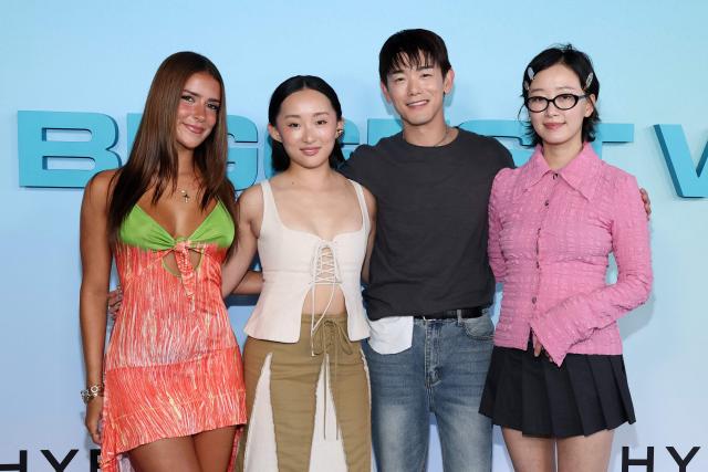 (L-R) Australian singer and actress Silia Kapsis, US actress Ji-young Yoo, US singer/songwriter Eric Nam and South Korean actress Gia Kim, of the upcoming coming-of-age musical drama film "K-Pop: The Debut", attend HYBE America's celebration of K-Pop's biggest weekend at the Grammy Museum in Los Angeles on August 12, 2026. (Photo by VALERIE MACON / AFP)