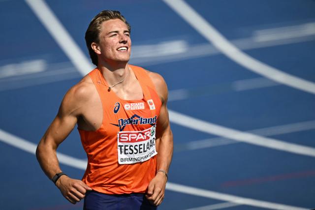 Netherlands' Jeff Tesselaar reacts after arriving first in the men's decathlon 110m hurdles heat 2 during the European Athletics Championships at Alexander Stadium in Birmingham on August 13, 2026. (Photo by Paul ELLIS / AFP)