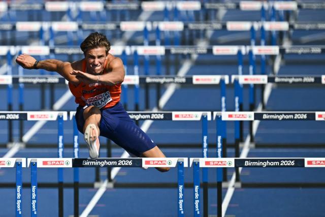 Netherlands' Jeff Tesselaar competes in the men's decathlon 110m hurdles heat 2 during the European Athletics Championships at Alexander Stadium in Birmingham on August 13, 2026. (Photo by Paul ELLIS / AFP)