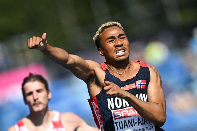 Norway's Kenny Emi Tijani-Ajayi celebrates arriving second in the men's 200m heat 1 during the European Athletics Championships at Alexander Stadium in Birmingham on August 13, 2026. (Photo by Paul ELLIS / AFP)