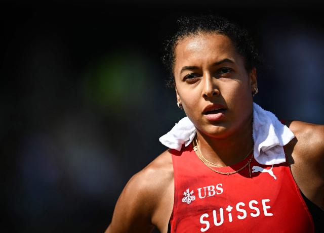 Switzerland's Audrey Werro reacts after competing and falling in the women's 800m semi-final during the European Athletics Championships at Alexander Stadium in Birmingham on August 13, 2026. (Photo by Paul ELLIS / AFP)