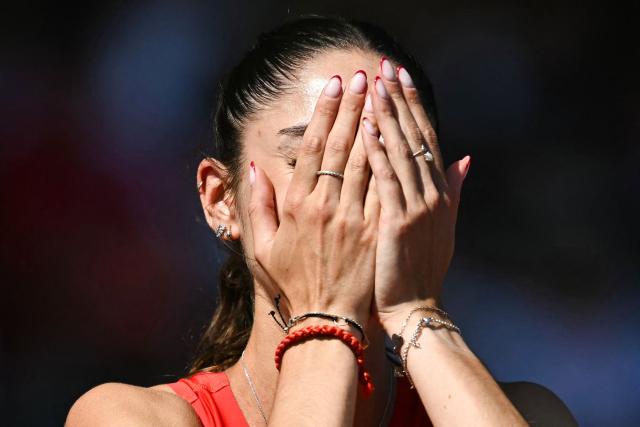 Third-placed Switzerland's Veronica Vancardo reacts after competing in the women's 800m semi-final 1 during the European Athletics Championships at Alexander Stadium in Birmingham on August 13, 2026. (Photo by Paul ELLIS / AFP)