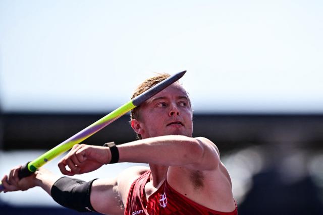 Denmark's Arthur W. Petersen competes in the men's javelin throw qualifier during the European Athletics Championships at Alexander Stadium in Birmingham on August 13, 2026. (Photo by Ben STANSALL / AFP)