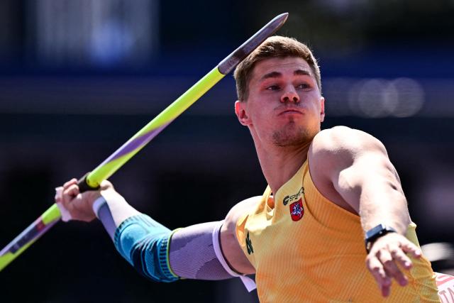 Lithuania's Edis Matusevicius competes in the men's javelin throw qualifier during the European Athletics Championships at Alexander Stadium in Birmingham on August 13, 2026. (Photo by Ben STANSALL / AFP)