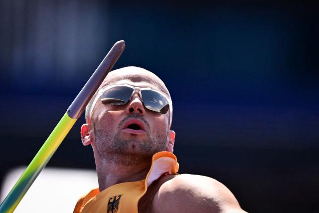 Germany's Julian Weber competes in the men's javelin throw qualifier during the European Athletics Championships at Alexander Stadium in Birmingham on August 13, 2026. (Photo by Ben STANSALL / AFP)