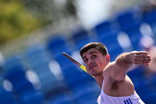 Greece's Dimitrios Tsitsos competes in the men's javelin throw qualifier during the European Athletics Championships at Alexander Stadium in Birmingham on August 13, 2026. (Photo by Ben STANSALL / AFP)