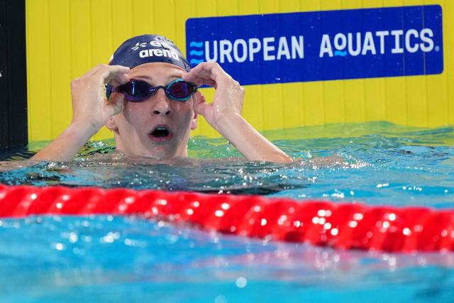 Austria's Christian Giefing reacts after winning a semi-final of the men's 200m freestyle swimming event during the LEN European Aquatics Championships at the Olympic Aquatic Centre in Saint-Denis, northern suburbs of Paris, on August 13, 2026. (Photo by Dimitar DILKOFF / AFP)
