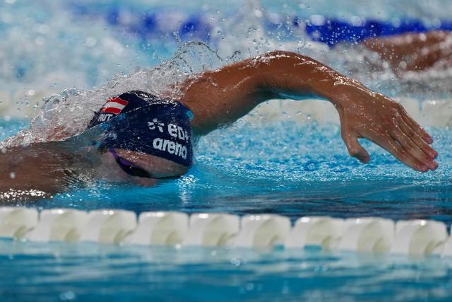 Austria's Christian Giefing competes in a semi-final of the men's 200m freestyle swimming event during the LEN European Aquatics Championships at the Olympic Aquatic Centre in Saint-Denis, northern suburbs of Paris, on August 13, 2026. (Photo by Dimitar DILKOFF / AFP)